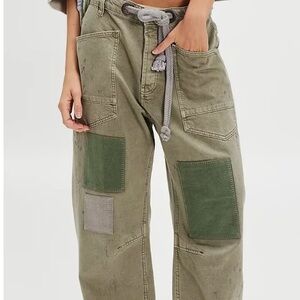 1 left ! ❤️ SALE Boho Olive Green Patchwork Cargo Barrel Pants